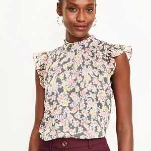 LOFT Floral Smocked Ruffle Trim Top - Size: Small